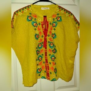 Natural Life Yellow Embroidered Tassel Boho Top